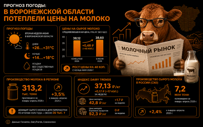 Прогноз погоды: в Воронежской области потеплели цены на молоко  